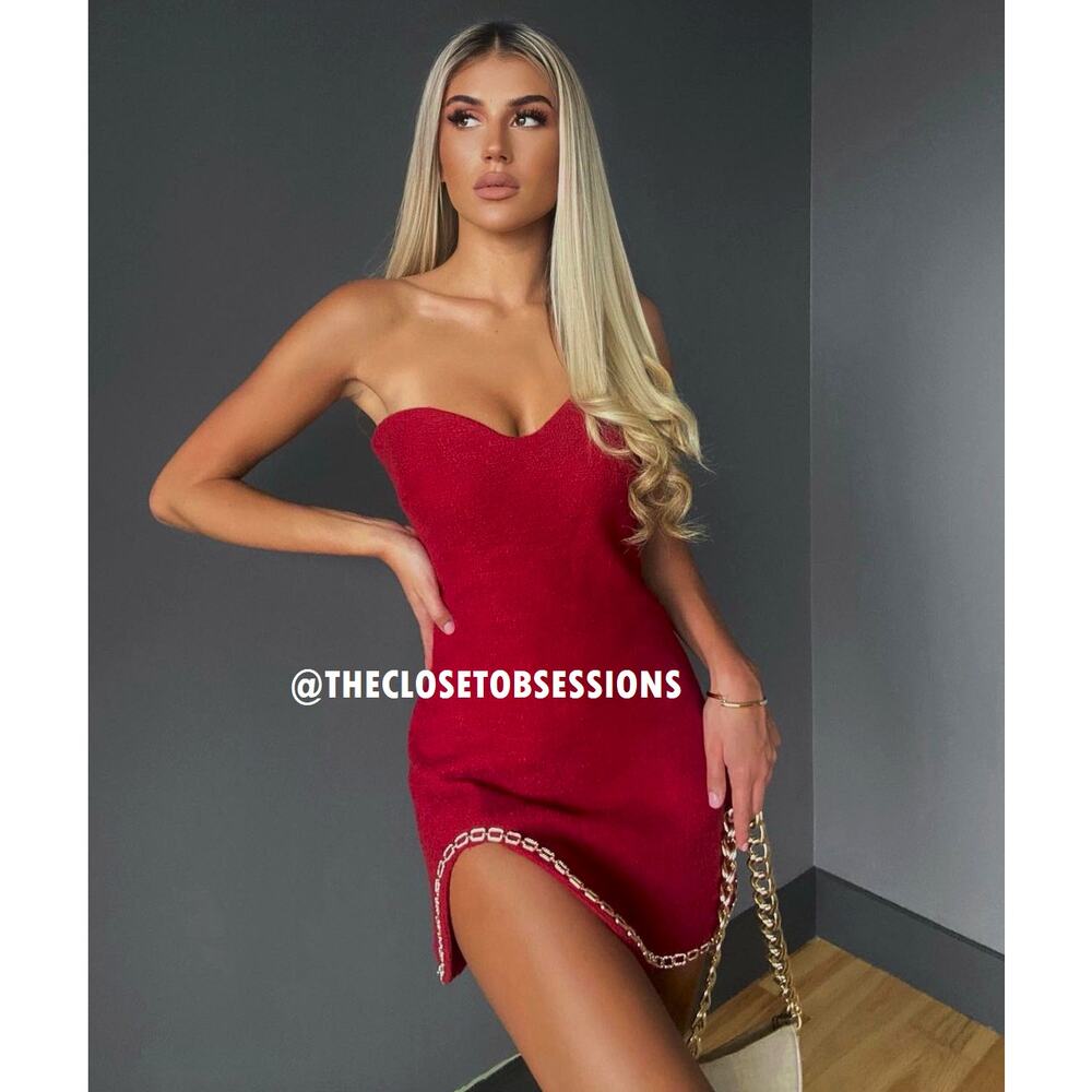 ZARA Red Asymmetrical Mini Dress NWT Chain Strap Bodycon Cocktail Party S M